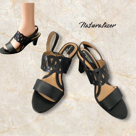 Naturalizer Black Leather Sandal Open Toe Ankle Strap 3” heel Women SZ 11M - Picture 1 of 10